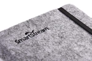 embroidered logo on felt cover notebook