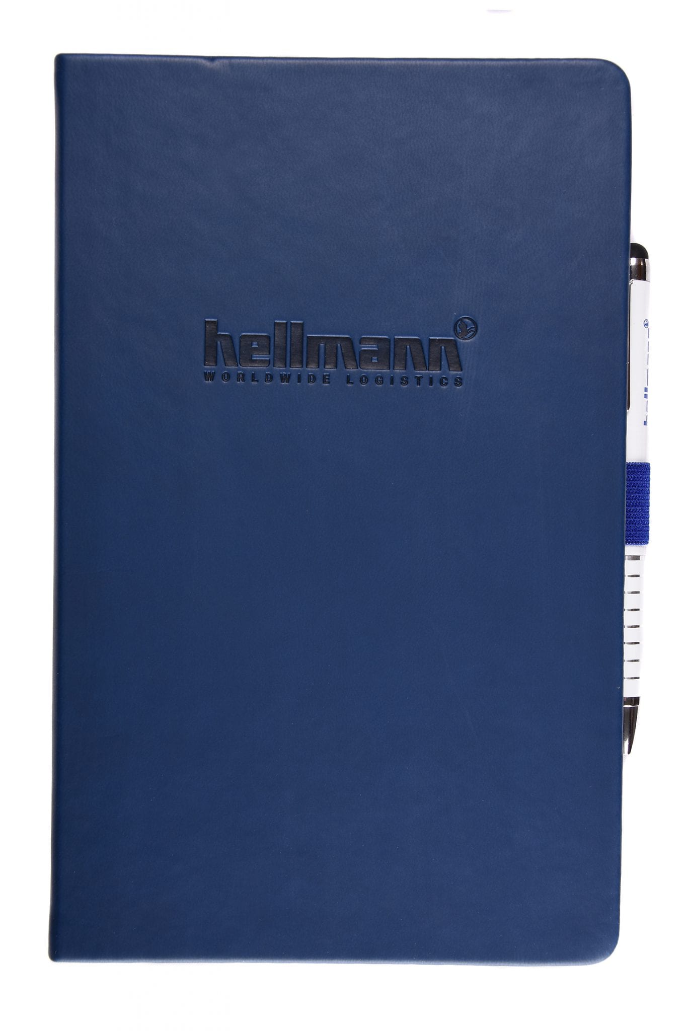 notebook with branded pen attached