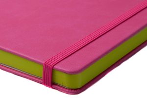pink pu cover with green paper edging